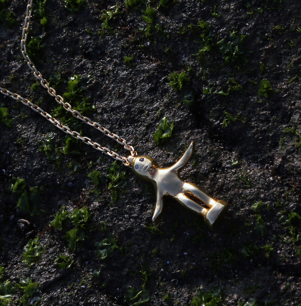 Large Aquamarine Eyes Gold Vermeil Dancing Bulul Totem on Handwoven Chain Necklace