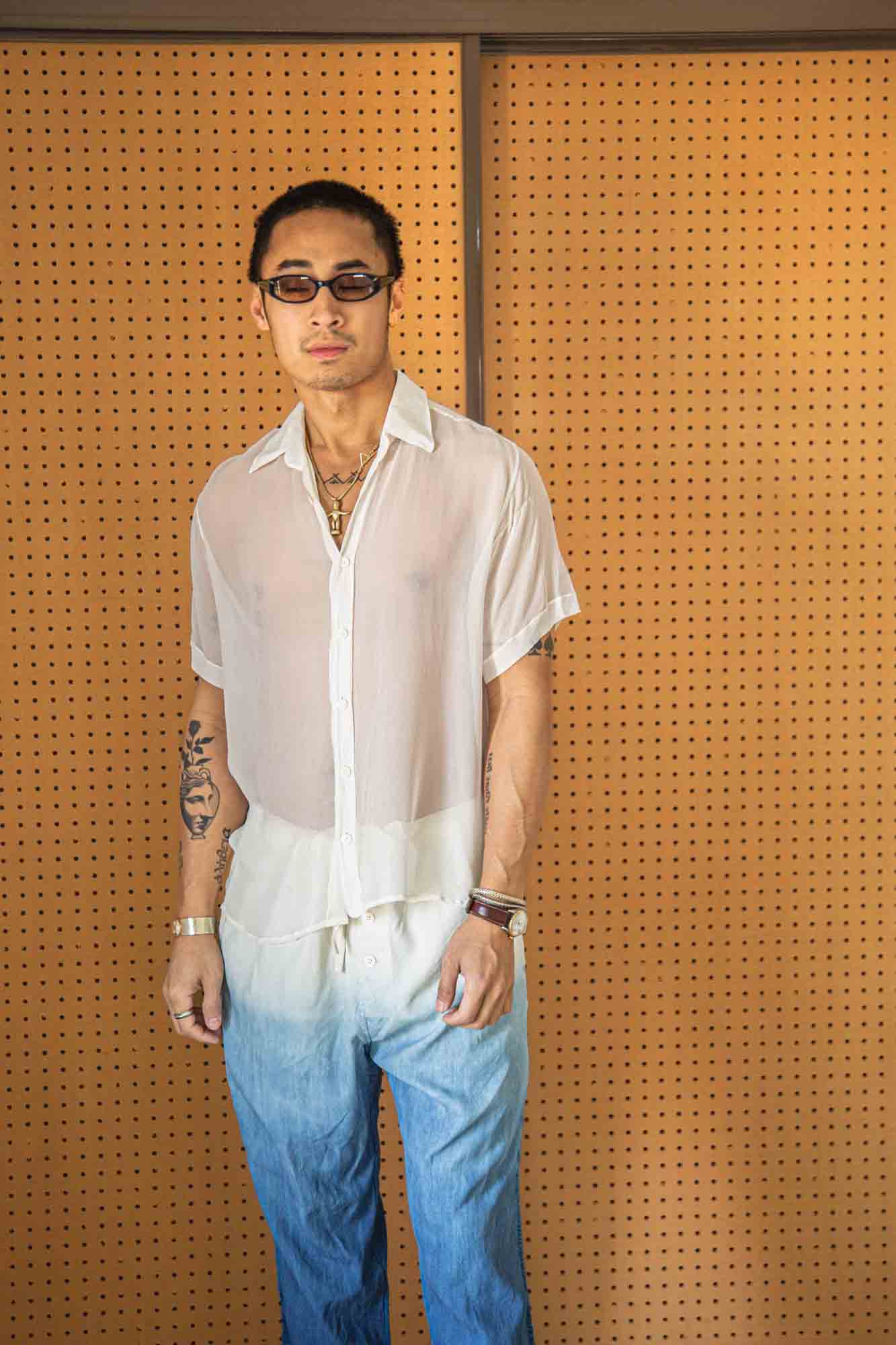 Undyed Silk Chiffon Short Sleeve Slim Grandfather Shirt