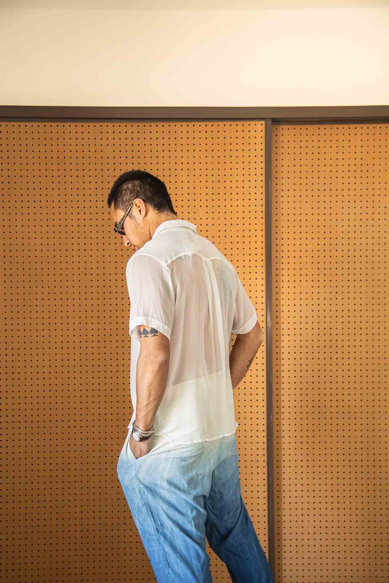 Undyed Silk Chiffon Short Sleeve Slim Grandfather Shirt
