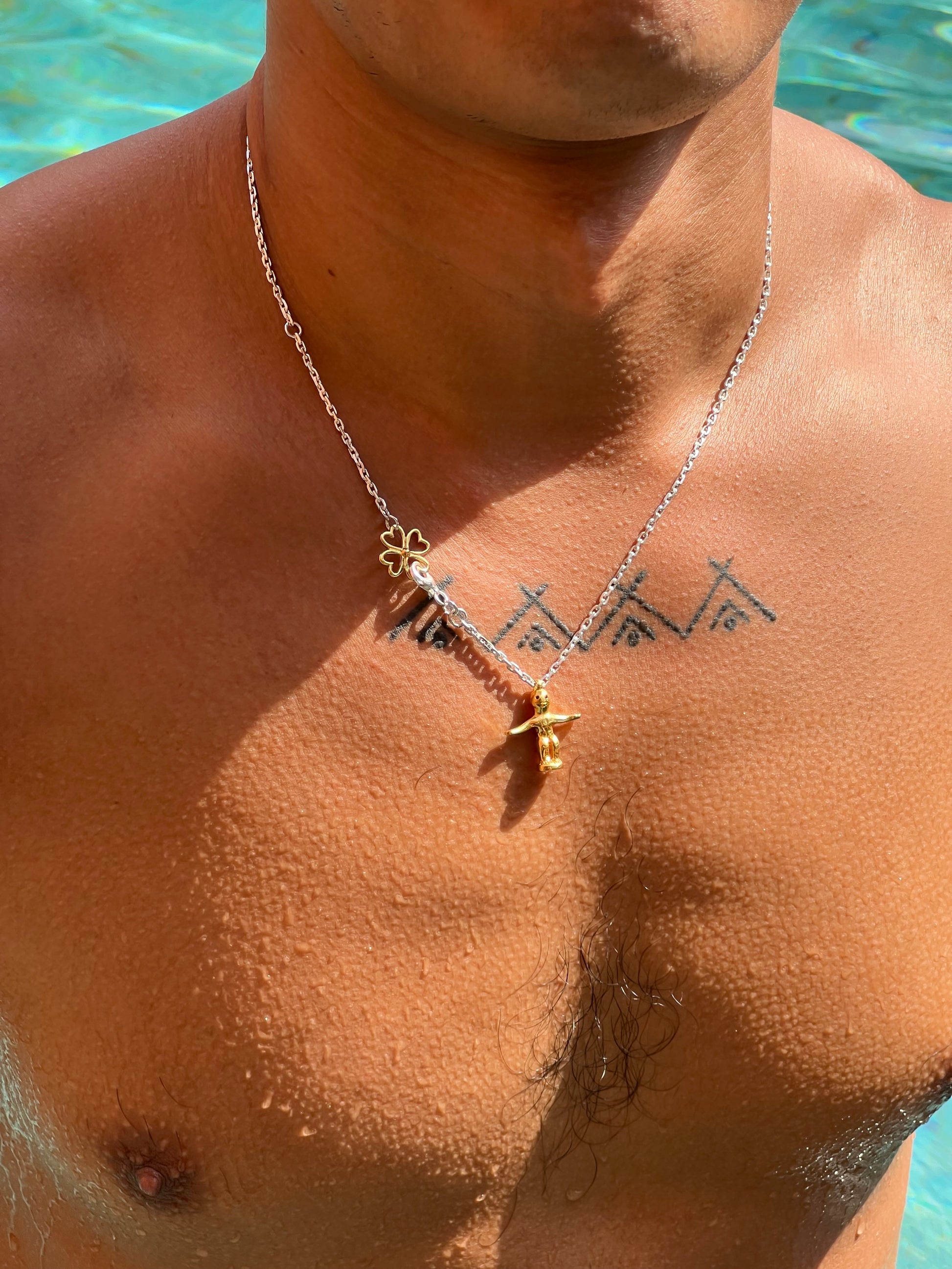 Small Ruby-Eyed Gold Vermeil Dancing Bulul Totem on Handwoven Silver Chain Necklace