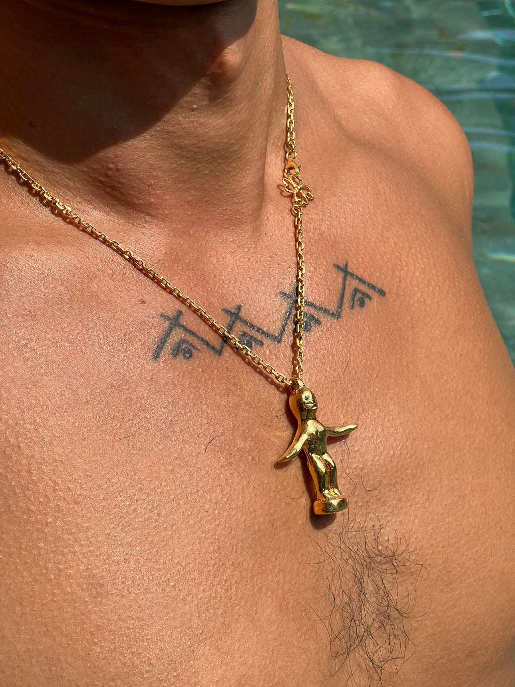 Large Aquamarine Eyes Gold Vermeil Dancing Bulul Totem on Handwoven Chain Necklace