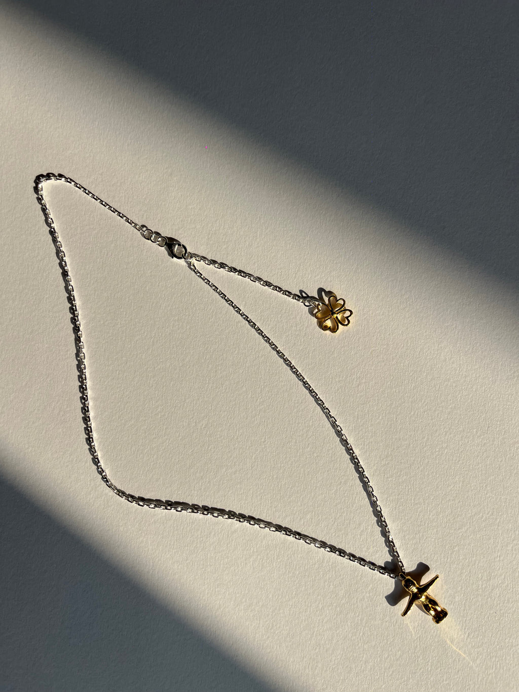 Small Ruby-Eyed Gold Vermeil Dancing Bulul Totem on Handwoven Silver Chain Necklace