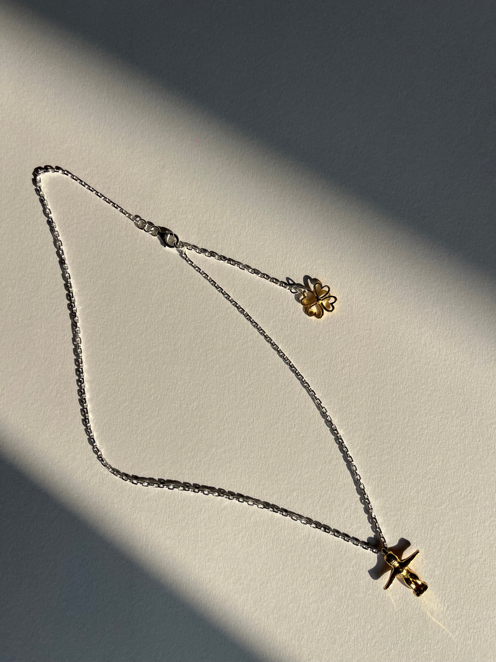 Small Ruby-Eyed Gold Vermeil Dancing Bulul Totem on Handwoven Silver Chain Necklace