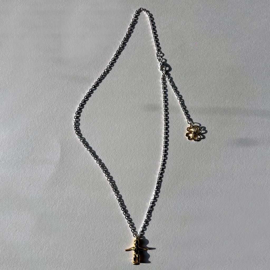 Small Ruby-Eyed Gold Vermeil Dancing Bulul Totem on Handwoven Silver Chain Necklace
