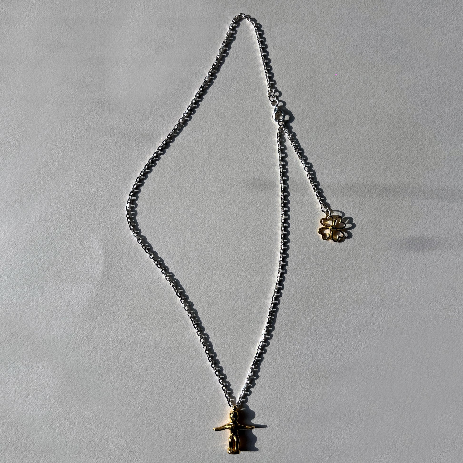 Small Ruby-Eyed Gold Vermeil Dancing Bulul Totem on Handwoven Silver Chain Necklace