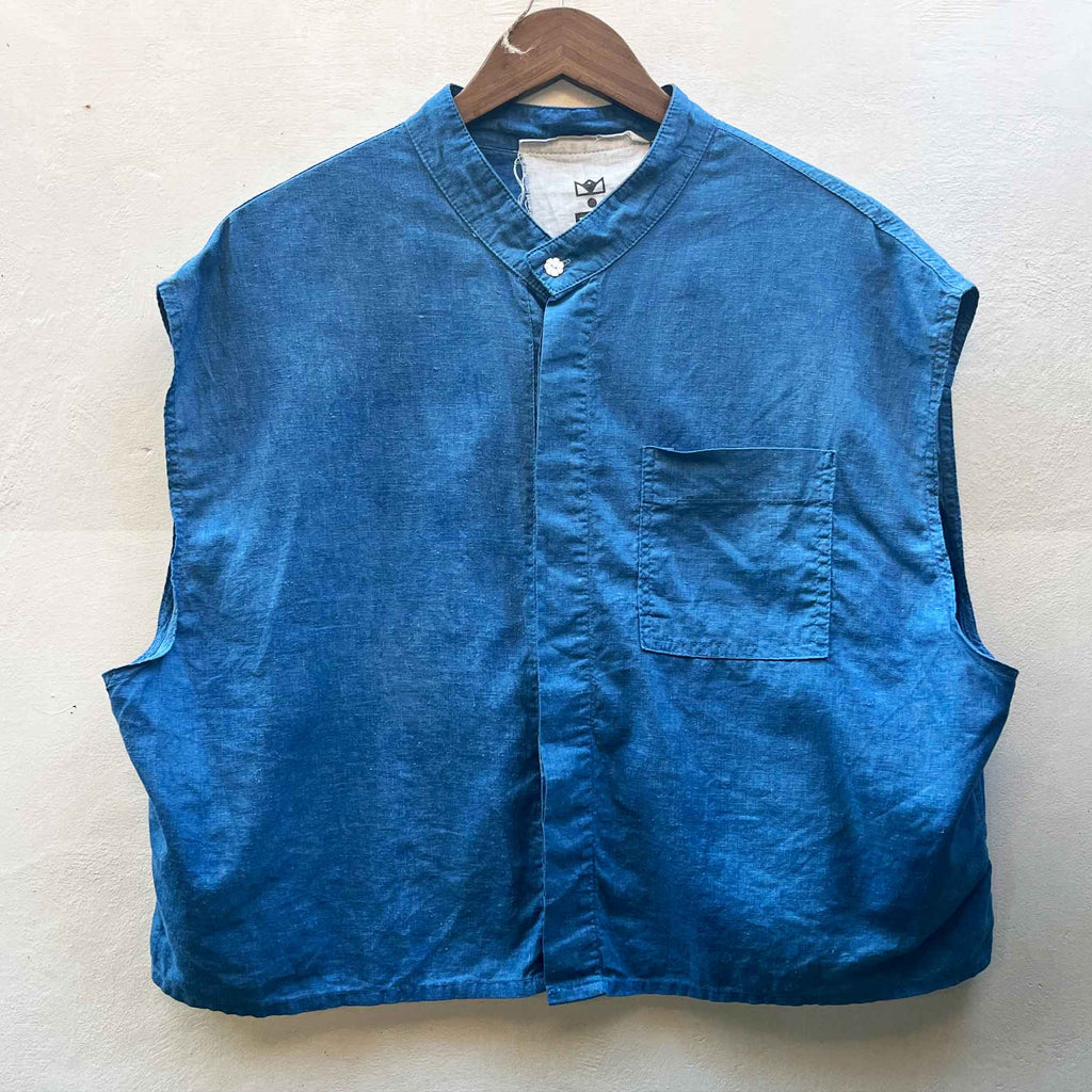 Indigo Hemp-Cotton Full Moon Shibori Sleeveless Elf Shirt