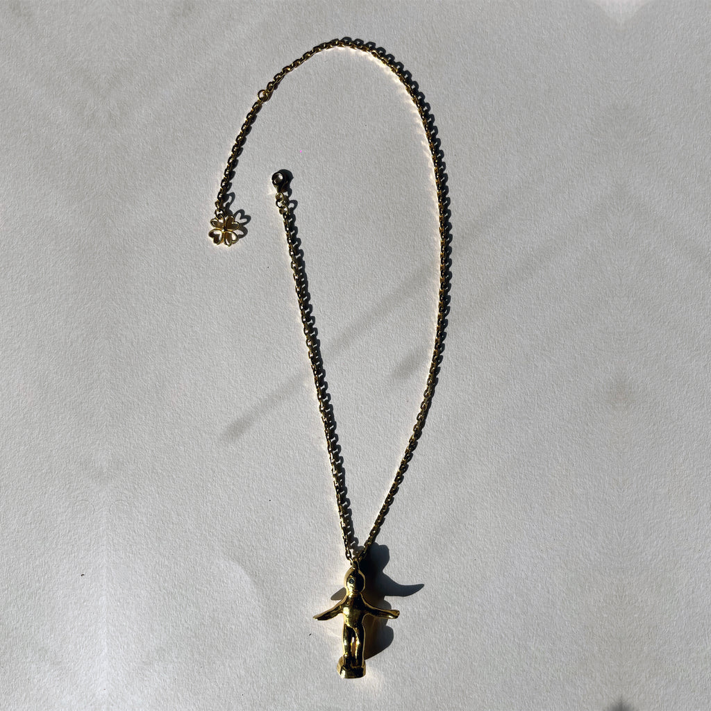 Large Aquamarine Eyes Gold Vermeil Dancing Bulul Totem on Handwoven Chain Necklace