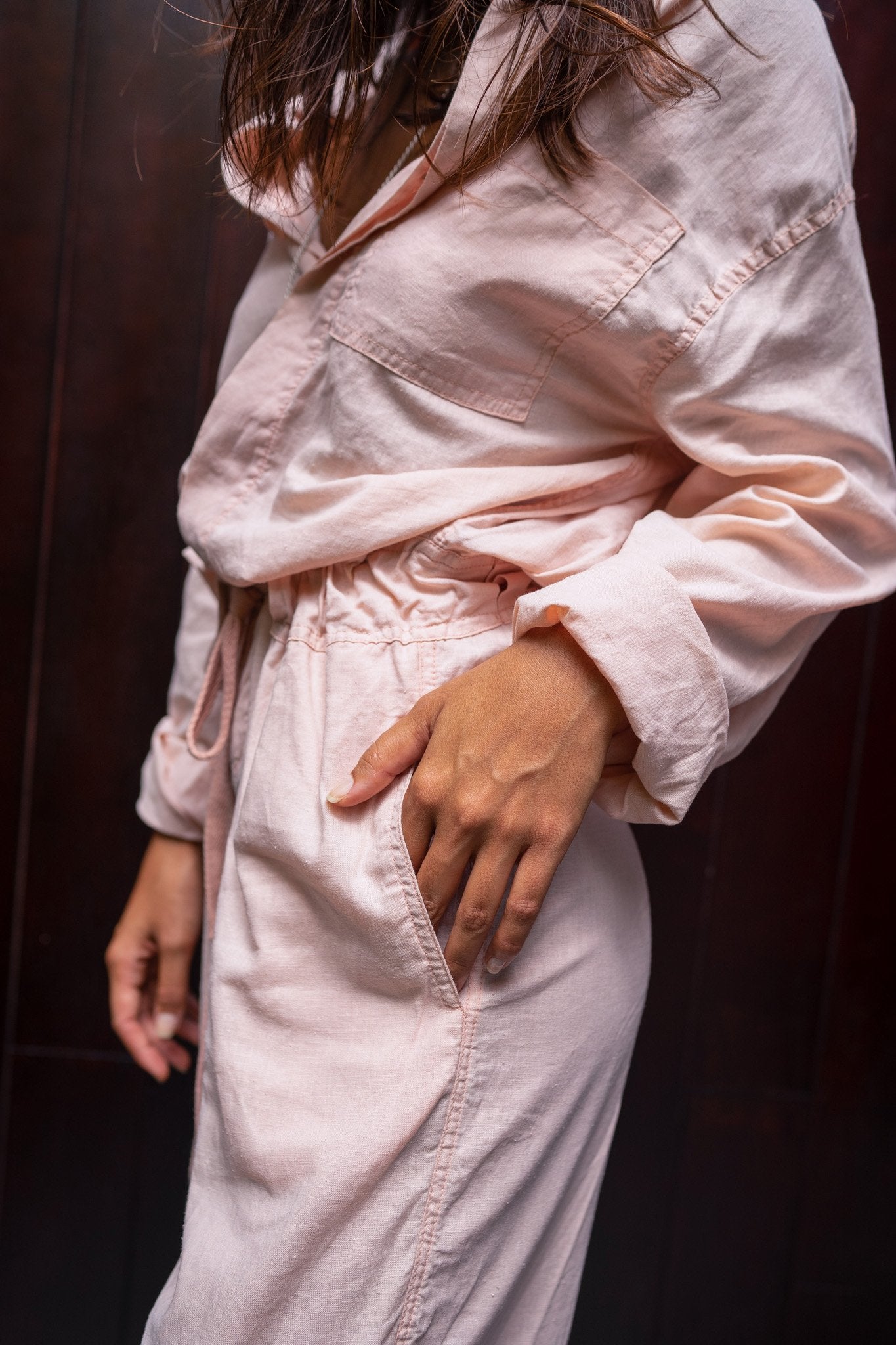 Amira One Tone Coconut Pink Adventure Sail Jumpsuit Catalogue Shot side pocket detail..