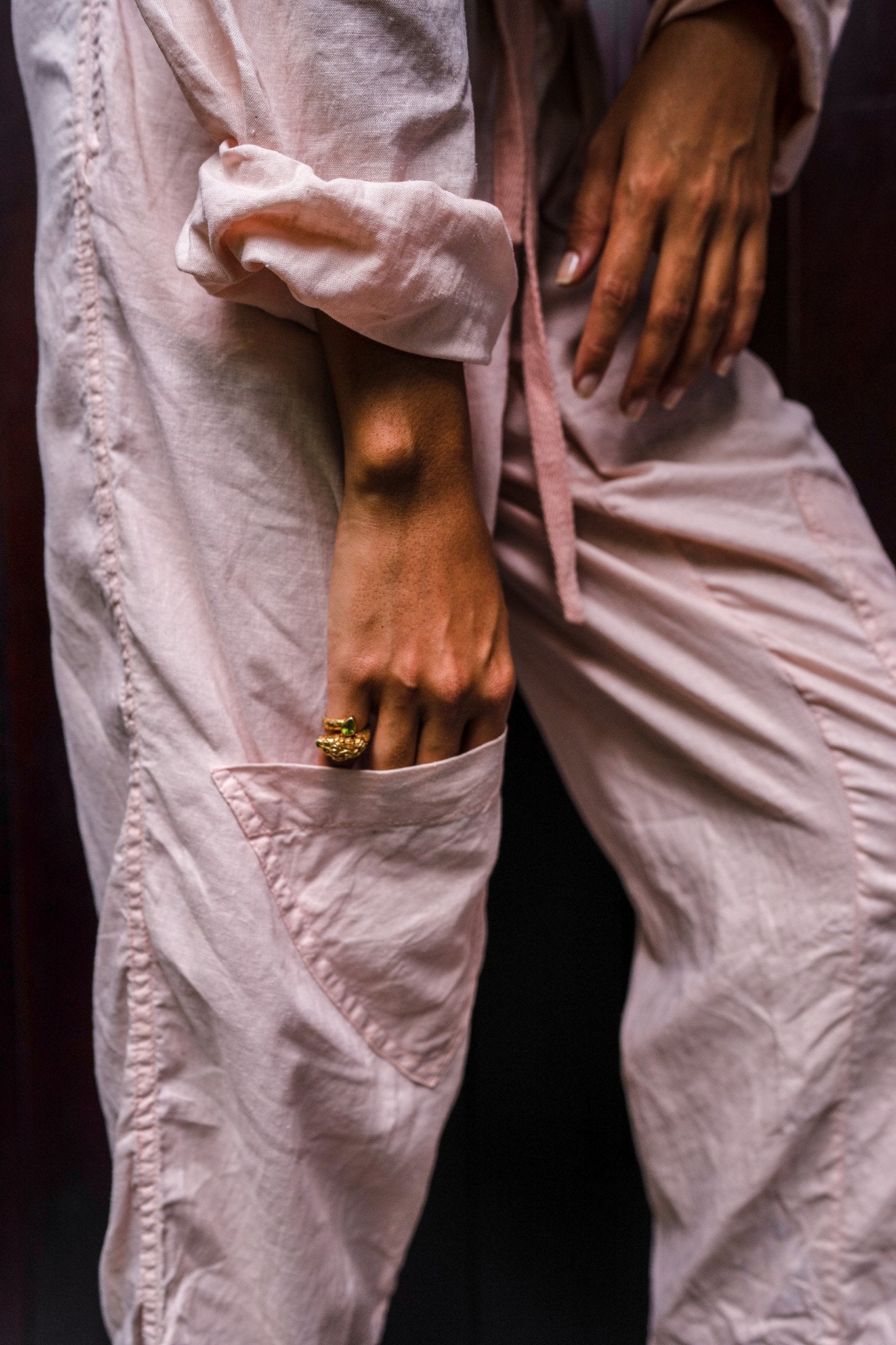 Amira One Tone Coconut Pink Adventure Sail Jumpsuit Catalogue Shot front knee pocket detail.