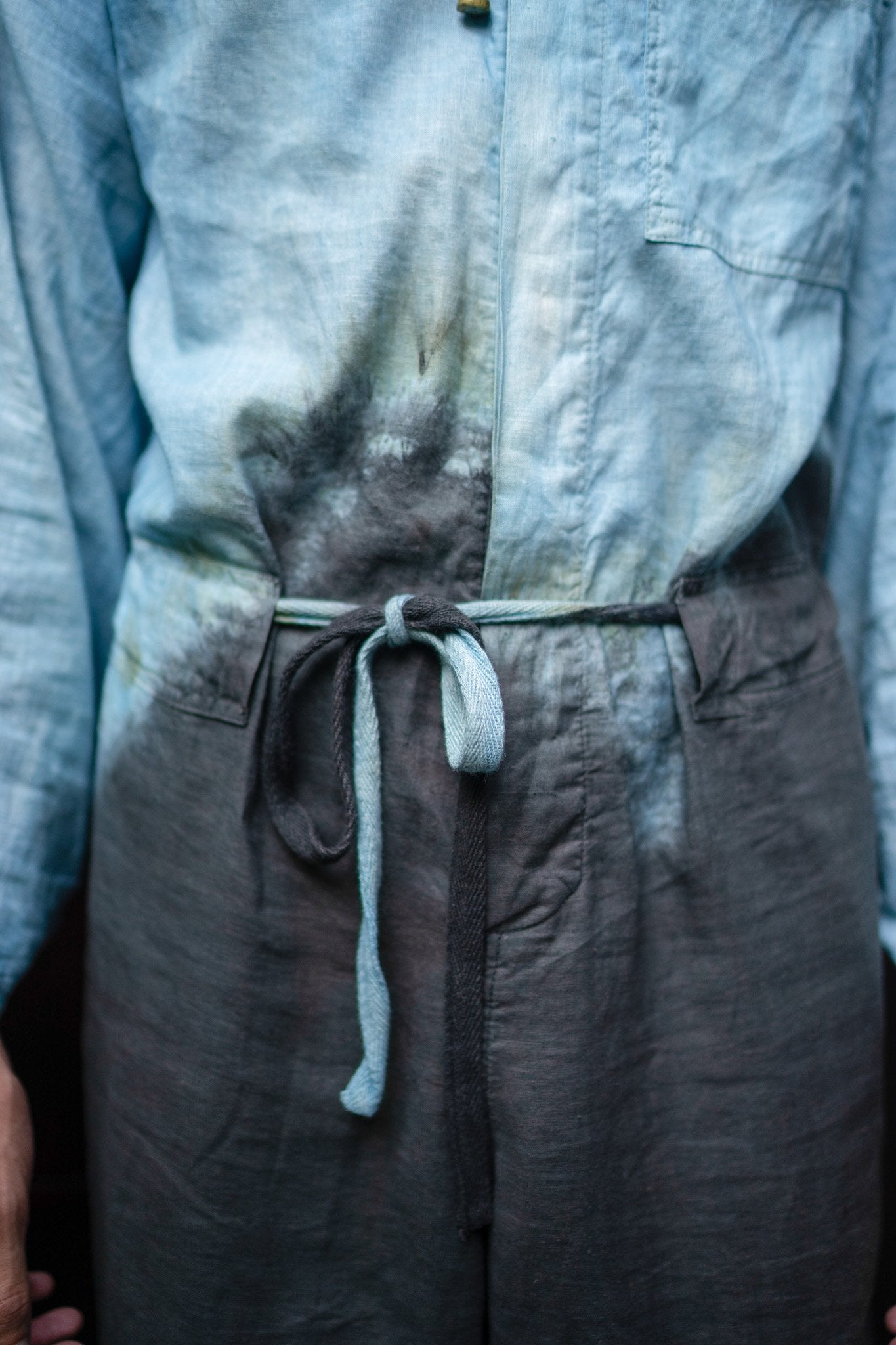 Two Tone Earth Meets Ocean Adventure Sail Jumpsuit Catalogue Shot Front tie detail. 