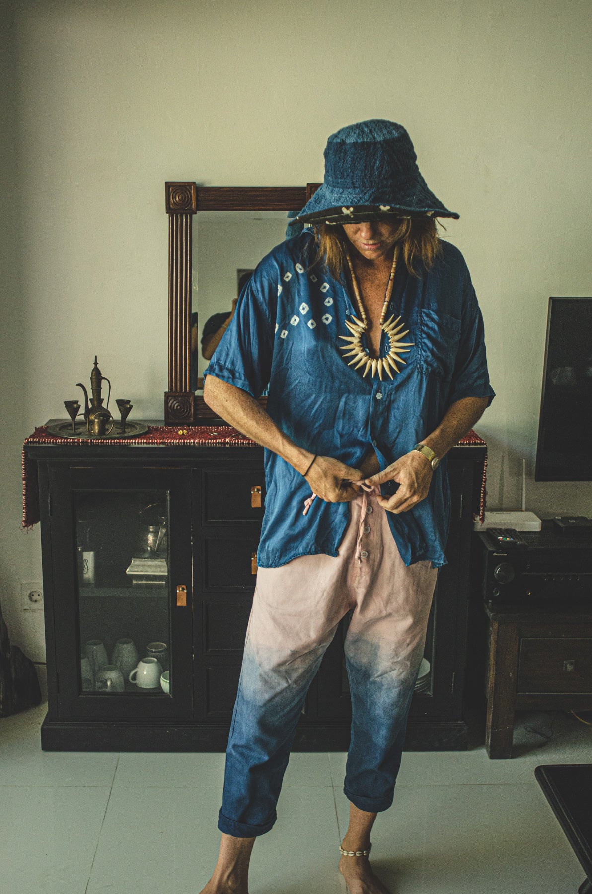 Indigo Heritage Chinese Silk Shibori Grandfather Shirt (Stock)