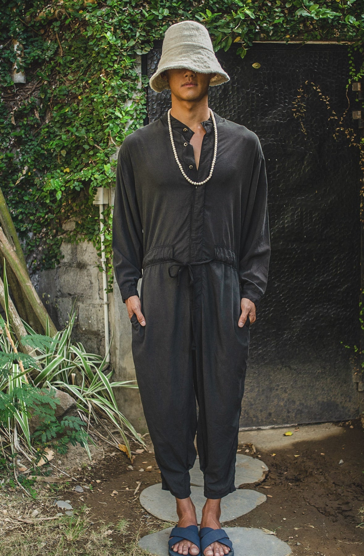 Umbrella Tree Black Sail Silk Jumpsuit