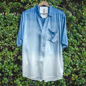 Indigo Gradient Dip Silk Satin Grandfather Shirt