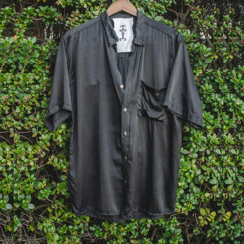 Umbrella Tree Black Silk Satin Grandfather Shirt (Stock)
