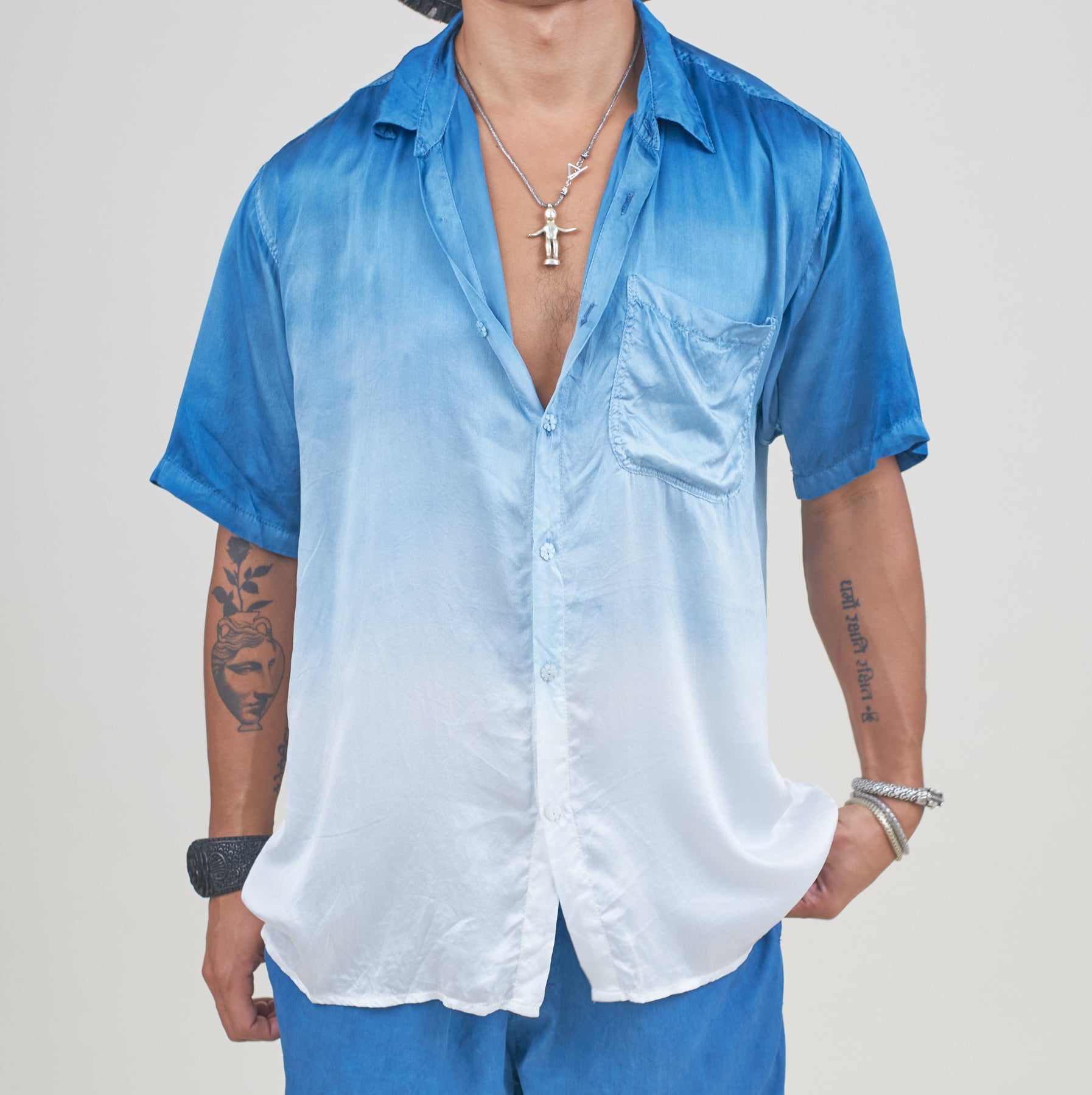 Indigo Gradient Dip Silk Satin Grandfather Shirt