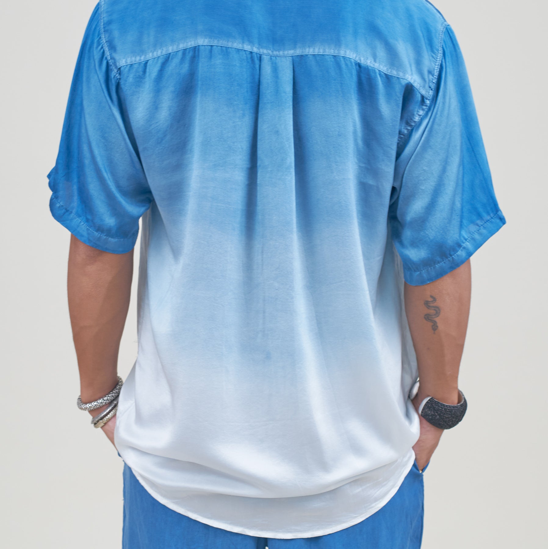 Indigo Gradient Dip Silk Satin Grandfather Shirt