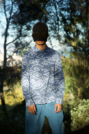 Indigo Megamendung Long Sleeve Slim Grandfather Shirt